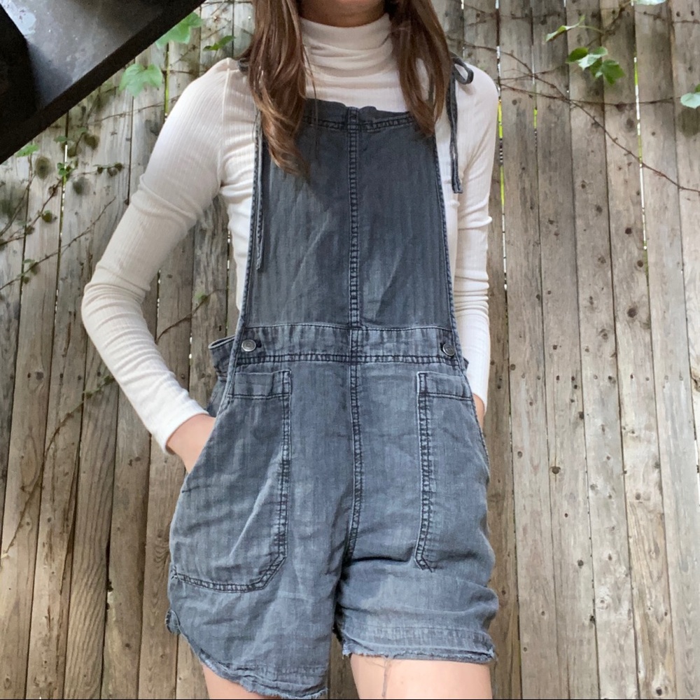 Free People Raw Hem Grey Linen Overalls Shortalls